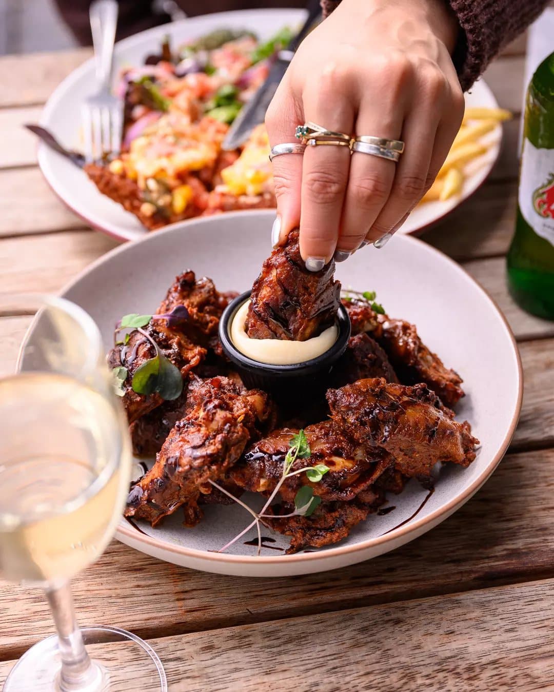 Sticky wings with dipping sauce